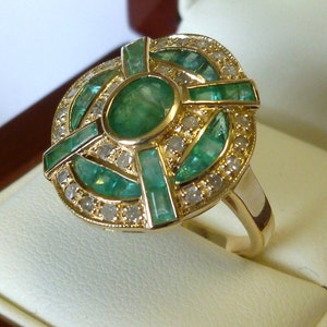 Art Deco Emerald & Diamond Ring, 9ct 9k Solid Yellow Gold, Vintage Diamond Ring, Antique Style, Avail 10k 14k 18k Custom Ring R94 image 3