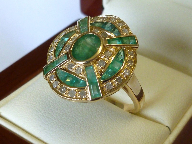 Art Deco Emerald & Diamond Ring, 9ct 9k Solid Yellow Gold, Vintage Diamond Ring, Antique Style, Avail 10k 14k 18k Custom Ring R94 image 3