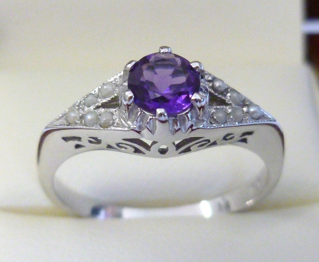 White Gold Vintage Amethyst & Pearl Ring 9ct 9k Antique Style - Etsy