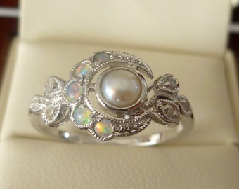 Vintage Opal, Pearl & Diamond Ring, 9ct 9k Solid White Gold, Antique Style Moon Ring, Also Avail 10k 14k 18k Victorian, R25, Custom