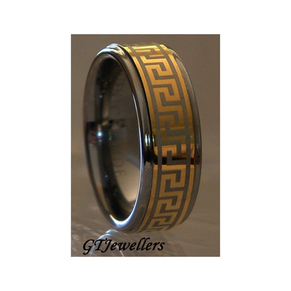 Tungsten Ring, GREEK Key Ring, 18k gold meandros greek ring, tungsten carbide, anniversary, wedding band