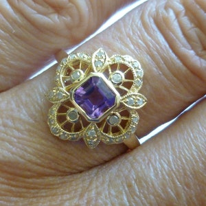Vintage Amethyst & Diamond Ring, Antique Style, 9ct 9k Solid Gold, Avail 14k 18k, Gold Flower Ring, Womens Antique Style Ring R66 Custom