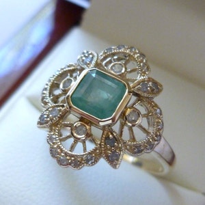 Vintage Emerald & Diamond Ring, Art Nouveau, 9ct 9k Solid Gold, Also Avail 14k 18k, Gold Flower Ring, Womens Antique Style Ring R66 Custom