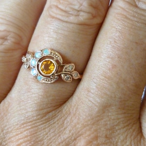 Vintage Citrine Ring, 9ct 9k Rose Gold Opal & Diamond Ring, Antique Moon Ring, Also Avail 10k, 14k, 18k, R25, Custom image 2