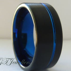 Black Tungsten Ring, Brushed & Blue Tungsten Band, Wedding Ring, Women Men, His Hers, Anniversary Ring, Engagement Band TR83