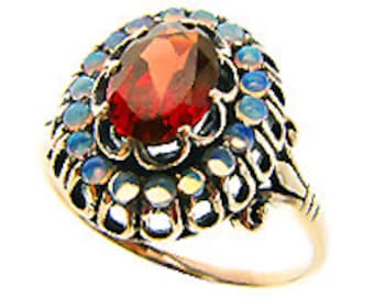 Victorian Garnet Ring with Opals, 9ct 9k Gold Vintage Opal Ring, Antique Garnet Ring, Avail 14k 18k Rose White Gold - Custom, R464A
