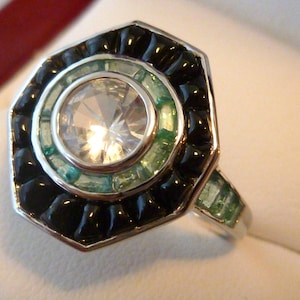 Art Deco AAA Zafiro Blanco, Ónix, Anillo Esmeralda, 14ct 14K 583 Anillo De Mujer Antiguo, Custom R604