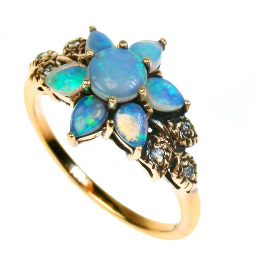 Art Nouveau Opal & Diamond Flower Ring 9ct 9k 14k 18k Opal - Etsy