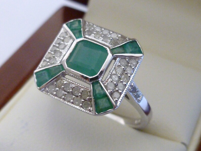 Vintage White Gold Emerald Ring Art Deco 9ct 9K 375 Diamond Etsy