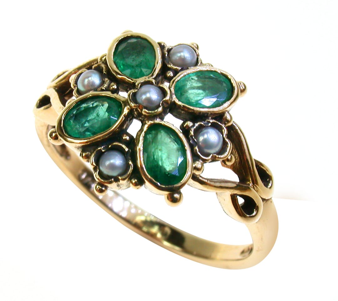 Art Deco Emerald With Pearls Ring, 9ct 9k Solid Gold, Flower, Womens ...