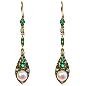 Vintage Pearl & Emerald Earrings with Diamonds, Antique Solid Gold Earrings, 9ct 9k 14k 18k, Women&#39;s Yellow Gold Earrings, E58 Custom