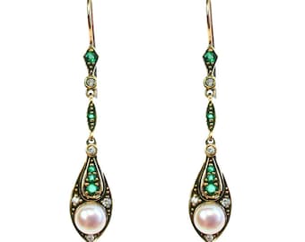 Vintage Pearl & Emerald Earrings with Diamonds, Antique Solid Gold Earrings, 9ct 9k 14k 18k, Women's Yellow Gold Earrings, E58 Custom