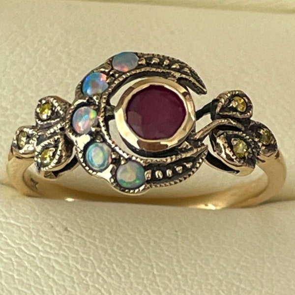 Vintage Ruby, Opal, Yellow Sapphire Ring, 10k Solid Yellow Gold Ring, Antique Style Oxidised,  Womens Moon Ring, R25, Custom Ring