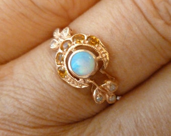 Vintage Opal Ring, 9ct 9k Rose Gold Opal Citrine Diamond Ring, Diamond Antique Style, Womens Moon Ring, Victorian, R25, Custom