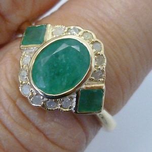 Emerald Ring with Diamonds, 9ct 9k Vintage Emerald Diamond Ring, Womens Antique Victorian Ring, Also avail 14k, 18k Rose White, Custom R81