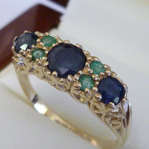 Vintage Sapphire Ring, 9ct Gold Emerald Ring Antique Style 9k Womens Scroll Ring Victorian Sapphire Ring Emerald Custom Handmade R75