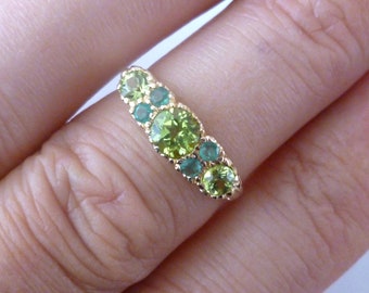 Vintage Peridot Ring, 9ct 9k Gold Peridot & Emerald Ring, Womens Antique Ring R75 Custom