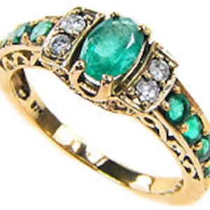 Vintage Emerald Ring with Diamonds, 9ct 9k Solid Gold, Victorian Ring, Womens Diamond Ring, Avail 14k, 18k, Rose, White Gold, R468 Custom