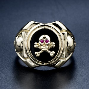 Silver Biker Skull Ring With Onyx, Ruby, 925 Sterling Silver, Mens Womens Bones Gothic Ring, R605, Custom