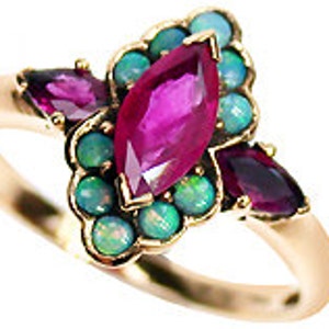 Vintage Ruby Ring with Opals, 9ct 9k Solid Gold, Womens Victorian Opal Ring, Various Gems + 14k 18k Rose White Gold, R309 Custom