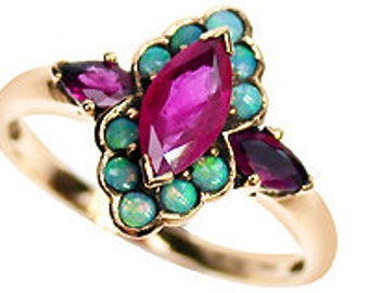 Vintage Ruby Ring with Opals, 9ct 9k Solid Gold, Womens Victorian Opal Ring, Various Gems + 14k 18k Rose White Gold, R309 Custom