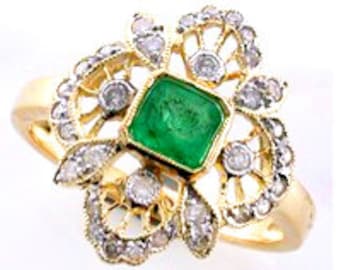Art Nouveau Emerald Ring, Vintage Emerald Diamond Ring, Platinum 18k 18ct 14k 9k 9ct, Gold Flower Ring, Womens Antique Style Ring R66 Custom