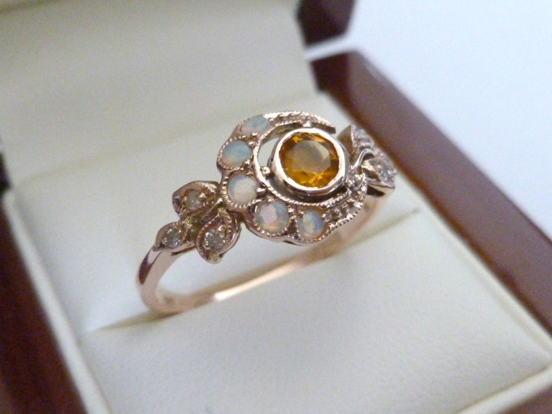 Vintage Citrine Ring, 9ct 9k Rose Gold Opal & Diamond Ring, Antique Moon Ring, Also Avail 10k, 14k, 18k, R25, Custom image 3