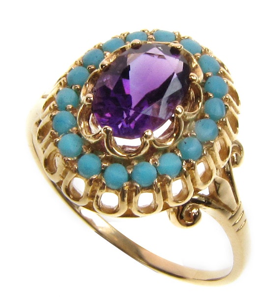 Victorian Amethyst Ring With Turquoise 9ct 9k Gold Vintage Ring