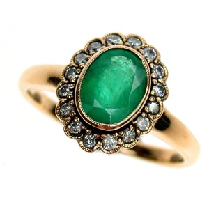Emerald Ring with Diamonds, 9ct 9k 14k 18k, Platinum, Vintage Emerald Diamond Ring, Womens Antique Victorian Ring, Custom R316A
