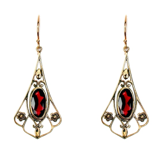 Art Deco Garnet Filigree Earrings, Vintage Solid Gold Drop Earrings, 9ct 9k  14k 18k, Antique Women's Hook Earrings, E38 Custom