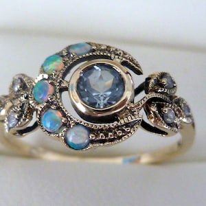 Vintage Aquamarine, Opal, Diamond Ring, 9ct 9k Yellow Gold Opal Ring, Antique Style Oxidised,  Womens Moon Ring, Victorian, R25, Custom Ring