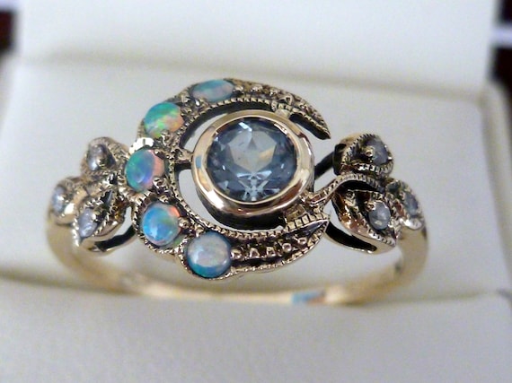 Vintage Aquamarine Opal Diamond Ring 9ct 9k Yellow Gold | Etsy