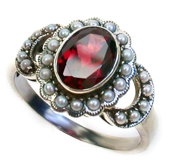 Platinum Ring with Garnet & Pearl PT900 Vintage Engagement | Etsy