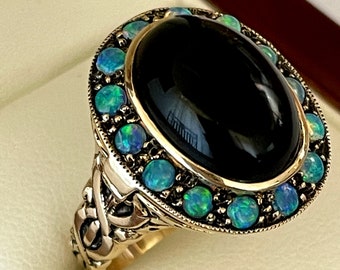 Onyx & Opal Ring, 9ct 9k Solid Gold, Vintage Onyx Ring, Secret Lid, Womens Antique Opal Ring, Also Avail 10k, 14k Custom R198