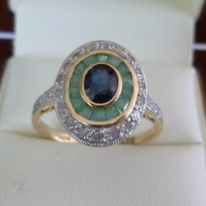 Art Deco Vintage Gold Saphir, Smaragd & Diamant Ring, 9ct 9k Gelbgold, Antik Damen Smaragd Schild Ring - Custom R74