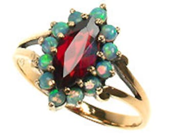 Garnet Ring with Opals, Vintage Opal Ring, Womens Garnet Ring, 9ct 9k Solid Gold, Avail in 14k 18k Rose White Gold, Custom R137