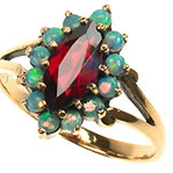 Garnet Ring with Opals, Vintage Opal Ring, Womens Garnet Ring, 9ct 9k Solid Gold, Avail in 14k 18k Rose White Gold, Custom R137