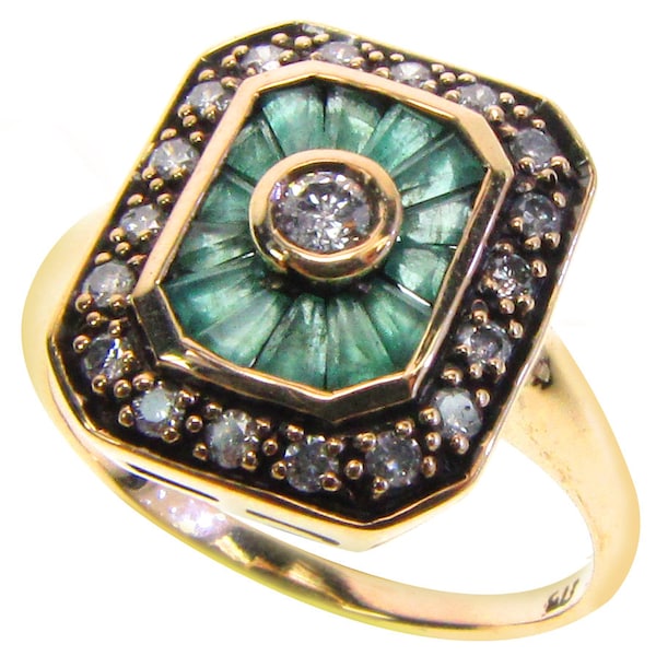 Art Deco Emerald Ring with Diamonds, 9ct 9k 14k 18k Vintage Emerald Ring, Gold Antique Ring. Also avail in Ruby, Sapphire. Womens Custom R93