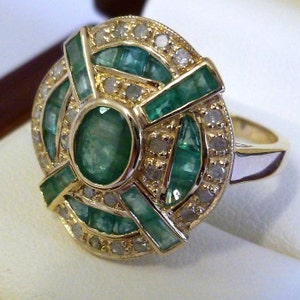 Art Deco Emerald & Diamond Ring, 9ct 9k Solid Yellow Gold, Vintage Diamond Ring, Antique Style, Avail 10k 14k 18k Custom Ring R94 image 2