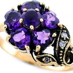Amethyst Ring with Diamonds, Womens Vintage Floral Ring, Antique Diamond Ring, 9ct 9k 14k 18k Solid Gold, Various Gems + 14k 18k, R204