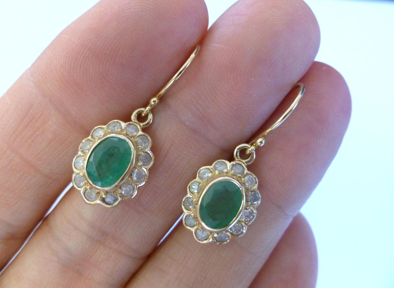 Vintage Emerald Earrings, Solid Gold 9ct 9k Antique Diamond Earrings, French Drop Wire, Womens Victorian Earrings, Custom E10