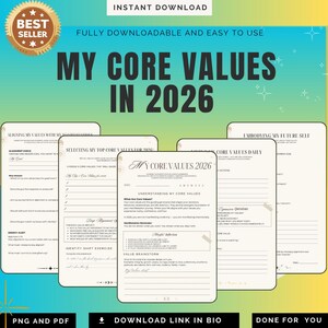 My Core Values 2026 Planner PNG PDF Personal Identity Worksheet Life Vision Goal Alignment Integrity Tracker Belief System Success Guide