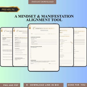 May include: A digital download titled "A Mindset & Manifestation Alignment Tool." The image shows a series of digital worksheets on a tablet, with text including "Commitment to Self-Respect" and "Boundary Communication." The image also includes the text "Premium" and "Instant Download."
