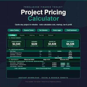 May include: A digital project pricing calculator with a dark teal background. The calculator includes sections for labor costing, expenses, and profit, with a total quote of $4,326. The text reads "Freelancer Finance Toolkit" and "Project Pricing Calculator."