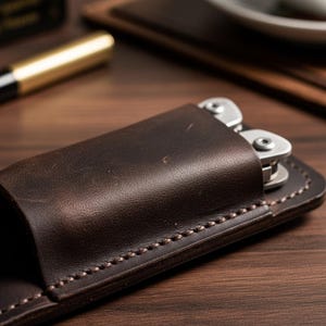 May include: Close-up of a dark brown leather multi-tool sheath with a silver multi-tool partially visible. The sheath has a stitched border and a smooth, textured surface. The background includes a pen and a wooden surface.
