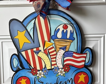 Patriotic Truck Door Hanger | 4th of July Folk Art Painted Truck Wood Decor with Bow