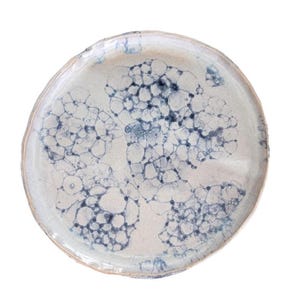 May include: A round, off-white ceramic plate with a unique design. The plate features a pattern of interconnected blue circles, resembling bubbles, across its surface. The rim has a slightly irregular shape and a light brown color.