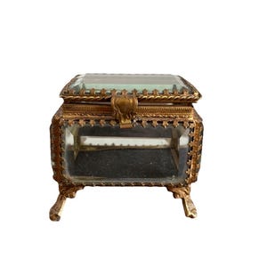 Antique French Ormolu Brass and Beveled Glass Vitrine Jewelry Box Ornate Understated Elegance Old World Victorian Romance Whimsical Romantic