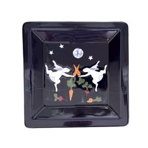 Karen Howell Pottery Legend of the Rabbit Moon Rabbits Dancing Stars Small Tray 8.5” Whimsical Vintage Kitchen Eclectic Vintage Home Quirky