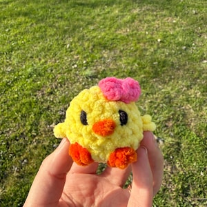 May include: A handmade yellow crochet chick with a pink bow on its head, black eyes, and orange beak and feet. The plush toy is held in a hand against a background of green grass.